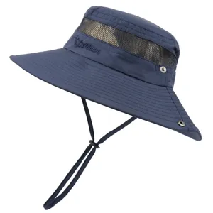 Dark blue outdoor sun hat with breathable mesh panel, wide brim and adjustable chin strap.