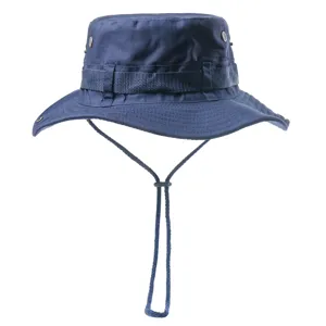 Detail view of the navy blue outdoor bucket hat featuring a windproof chin strap and side vents.