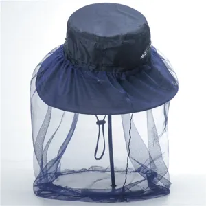 Detailed view of dark blue outdoor anti-mosquito fishing hat with breathable mesh veil.