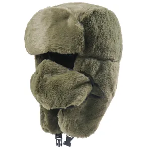Faux rabbit fur ushanka hat close-up, thick warm earflap detail and adjustable mask design.