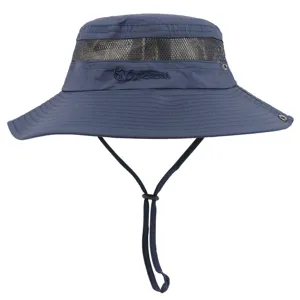Solid Color Wide Brim Outdoor Sun Hat Breathable Mesh Fishing Hat with Windproof Cord
