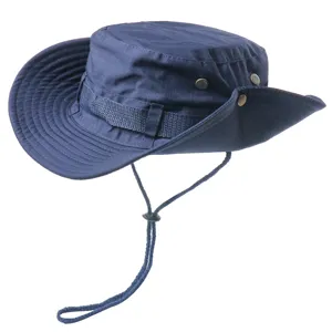 Navy blue outdoor sun hat, wide brim boonie cap with chin strap and metal snaps for fishing.