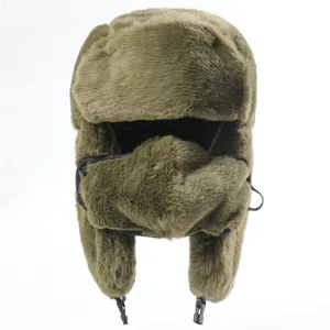 Army green faux fur winter ushanka hat with warm ear flaps and face mask details.