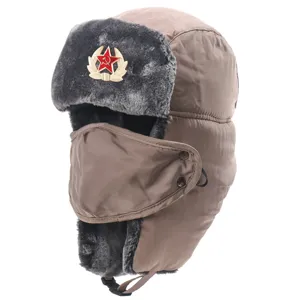 Thick winter ushanka hat with warm earflaps, waterproof fabric and vintage Soviet badge.