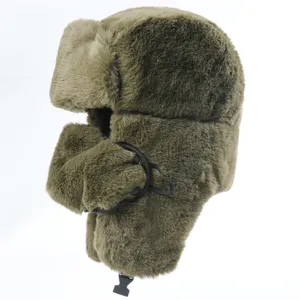 Detailed view of the army green faux rabbit fur ushanka hat with earflaps and buckle.