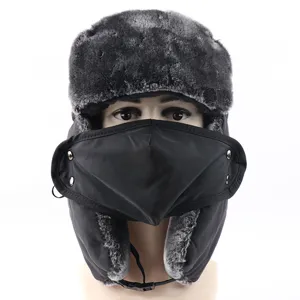 Winter windproof bomber hat detail showing plush faux fur and detachable face mask.