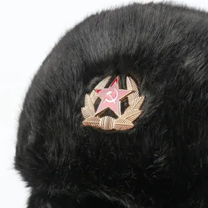 Soviet style black faux fur ushanka hat with red star hammer and sickle badge winter