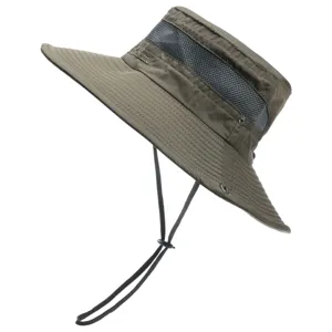 Outdoor breathable mesh sun hat with wide brim, adjustable chin strap, and cooling ventilation.