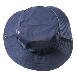 Detail view of dark blue cotton sun hat, outdoor fishing cap with ventilation eyelets and brim.