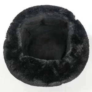 Black faux fur winter hat, warm ushanka cap for outdoor cold weather protection.