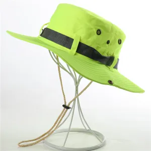 Neon green outdoor boonie hat with wind cord for hiking and fishing, detailed side view.
