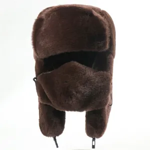 Thickened faux rabbit fur ushanka hat with ear flaps and face mask for winter warmth