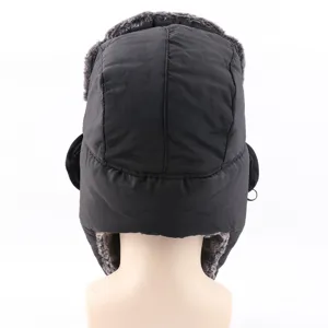 Back view detail of black winter bomber hat, thickened warm earflap hat for cold weather skiing.