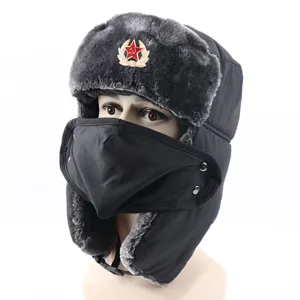 Winter ushanka bomber hat with soviet badge thick windproof warm outdoor earflap cap