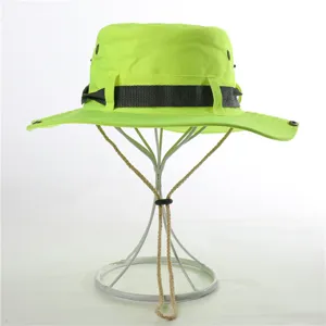 Neon yellow outdoor sun hat for men and women, casual bucket hat with chin strap and band.