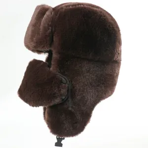 Brown faux rabbit fur trapper hat detail, thick warm ushanka for cold winter weather outdoor.