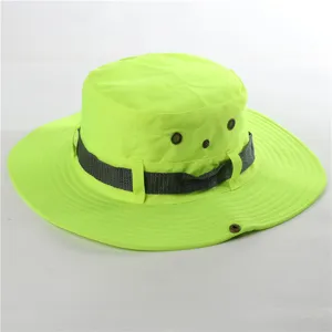Fluorescent green bucket hat detail shot, wide brim outdoor sun protection hat design.