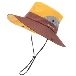 Kids outdoor sun protection bucket hat with breathable mesh and adjustable chin strap for hiking.