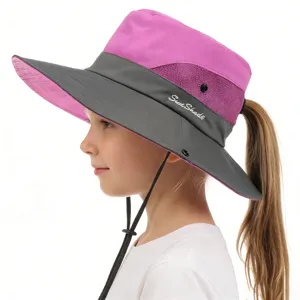 Kids Outdoor Sun Protection Hat with Ponytail Hole Wide Brim Summer Fishing Cap Grey