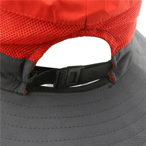 Kids outdoor sun hat detail showing adjustable buckle strap and breathable mesh ponytail hole.