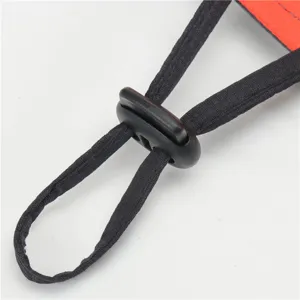 Kids outdoor sun hat adjustable cord detail shot, durable plastic buckle and elastic strap.