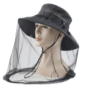 Summer outdoor mesh anti-mosquito fishing hat wide brim sun protection hiking cap black.
