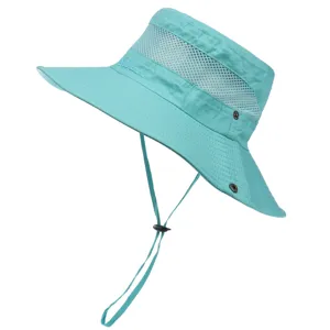 Detailed view of the wide brim sun hat, breathable mesh and adjustable chin strap design.