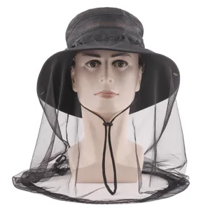 Black outdoor anti-mosquito mesh bucket hat with wide brim, perfect for fishing and hiking.