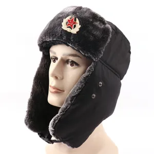 Men winter ushanka hat windproof waterproof warm bomber hat with red star badge.