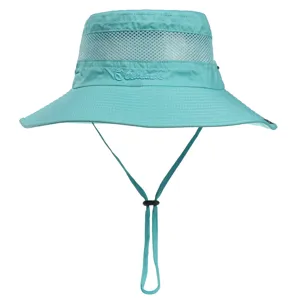 Light blue outdoor sun hat with wide brim, breathable mesh panel and adjustable chin strap for summer.