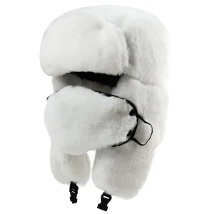 Detail view of white faux fur winter ushanka hat with earflaps and warm face mask design.