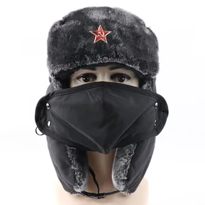 Thickened Russian ushanka hat with windproof face mask and Soviet red star badge winter.