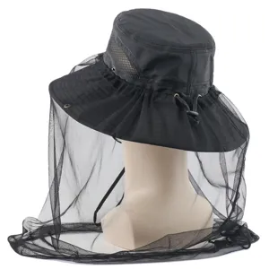 Black outdoor anti-mosquito bucket hat with mesh veil, quick-dry sun protection fishing hat.