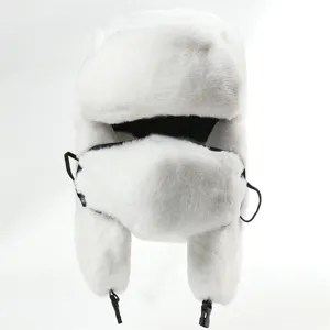White faux rabbit fur ushanka hat with ear flaps and face mask for winter cold protection