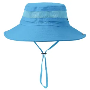 Light blue wide brim bucket hat with breathable mesh and adjustable chin strap for outdoor sun.