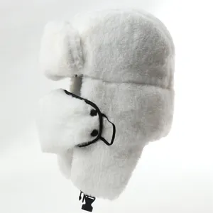 White fluffy faux rabbit fur trapper hat detail view, thick winter warm ushanka with ear flaps.