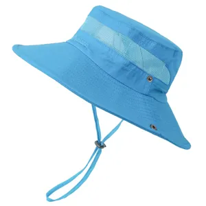 Blue outdoor sun hat with breathable mesh and wide brim, perfect for summer beach travel.