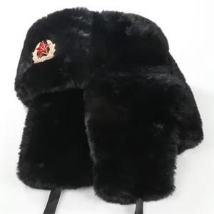 Winter warm faux fur ushanka hat with Soviet red star badge outdoor cold proof bomber cap.