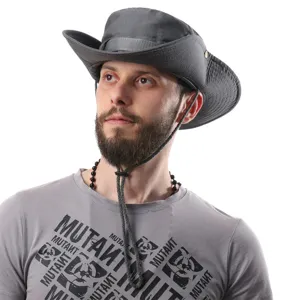 Details of the grey outdoor fisherman hat with chin strap, pure cotton sun protection.