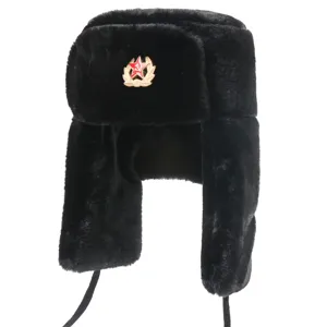 Black plush ushanka winter hat with red star badge, warm earflap bomber hat for outdoor cold.
