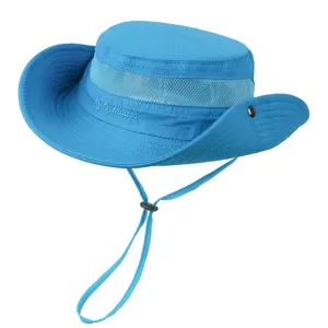 Detail view of blue outdoor sun hat featuring breathable mesh band and adjustable chin cord.