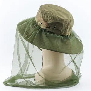 Outdoor anti-mosquito bucket hat detail, breathable mesh and wide brim sun protection design.