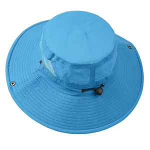 Blue outdoor sun protection bucket hat detail with breathable mesh and adjustable cord.