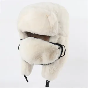 Thickened faux rabbit fur ushanka hat with windproof mask for winter warmth outdoor cold.