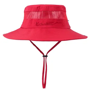 Detail view of the red outdoor bucket hat featuring breathable mesh crown and chin cord.