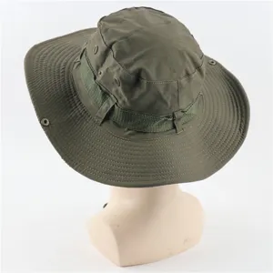 Army green cotton outdoor boonie hat, casual sun protection fishing cap detail view.