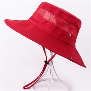 Detailed shot of a red wide-brim outdoor fisherman sun hat with breathable mesh and chin strap.