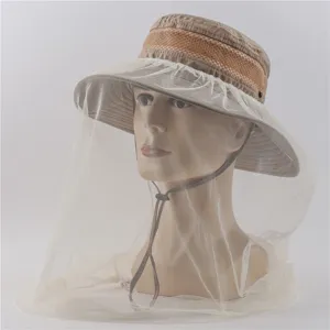 Outdoor anti-mosquito sun hat detail view, breathable mesh and wide brim for hiking and fishing.
