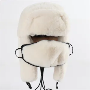Faux rabbit fur ushanka hat with mask thick winter warm earflap cap windproof cold weather gear