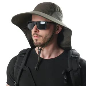 Outdoor sun protection bucket hat with wide brim, neck flap and breathable mesh panel for summer.